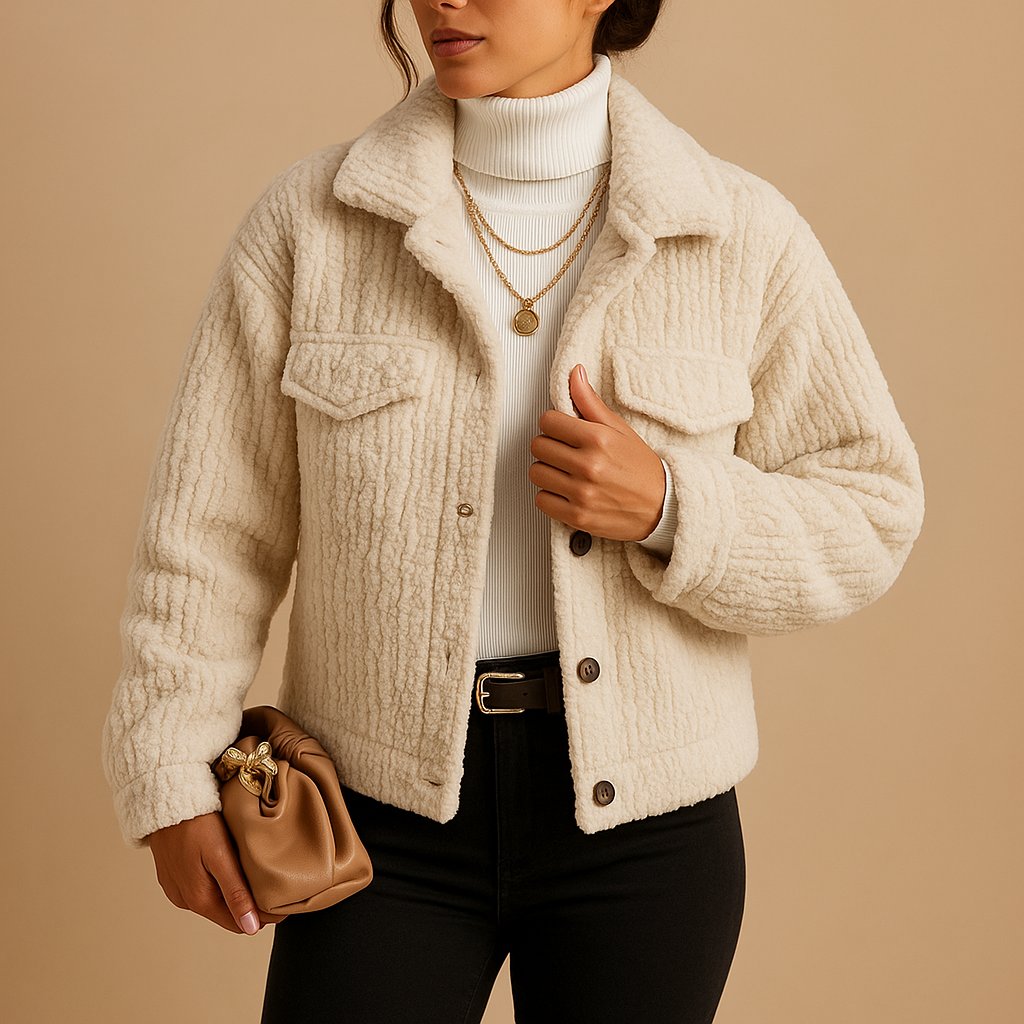 Oversized coat for women with boxy fit, soft fabric, pearl buttons, and neutral tones for chic layering and transitional outfits.