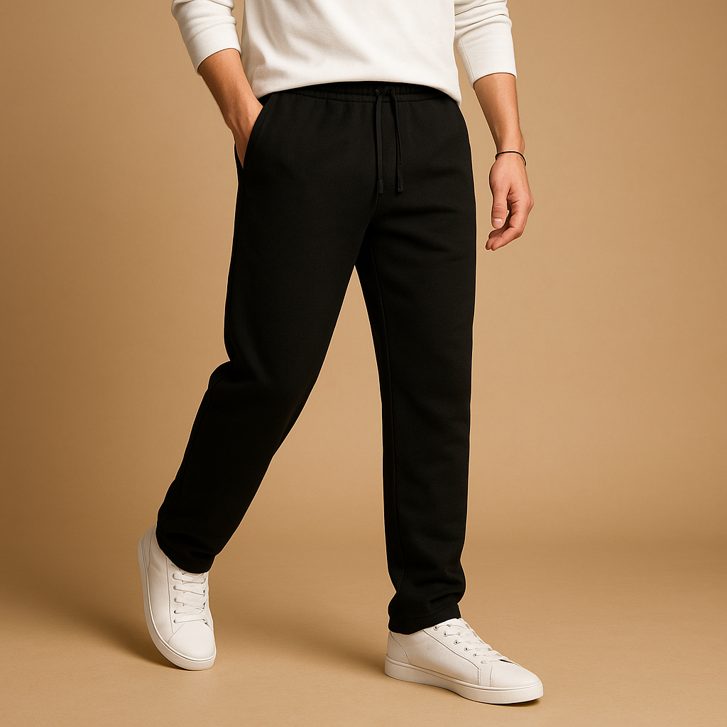 Men’s oversized jogger pants Hunter with wide legs, elastic waistband, and drawstring, available in black, navy, dark grey, or light grey.