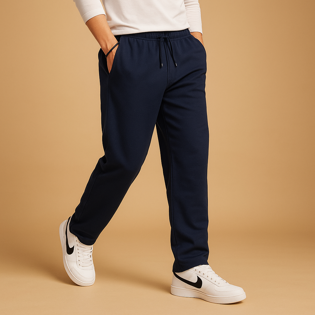Men’s oversized jogger pants Hunter with wide legs, elastic waistband, and drawstring, available in black, navy, dark grey, or light grey.