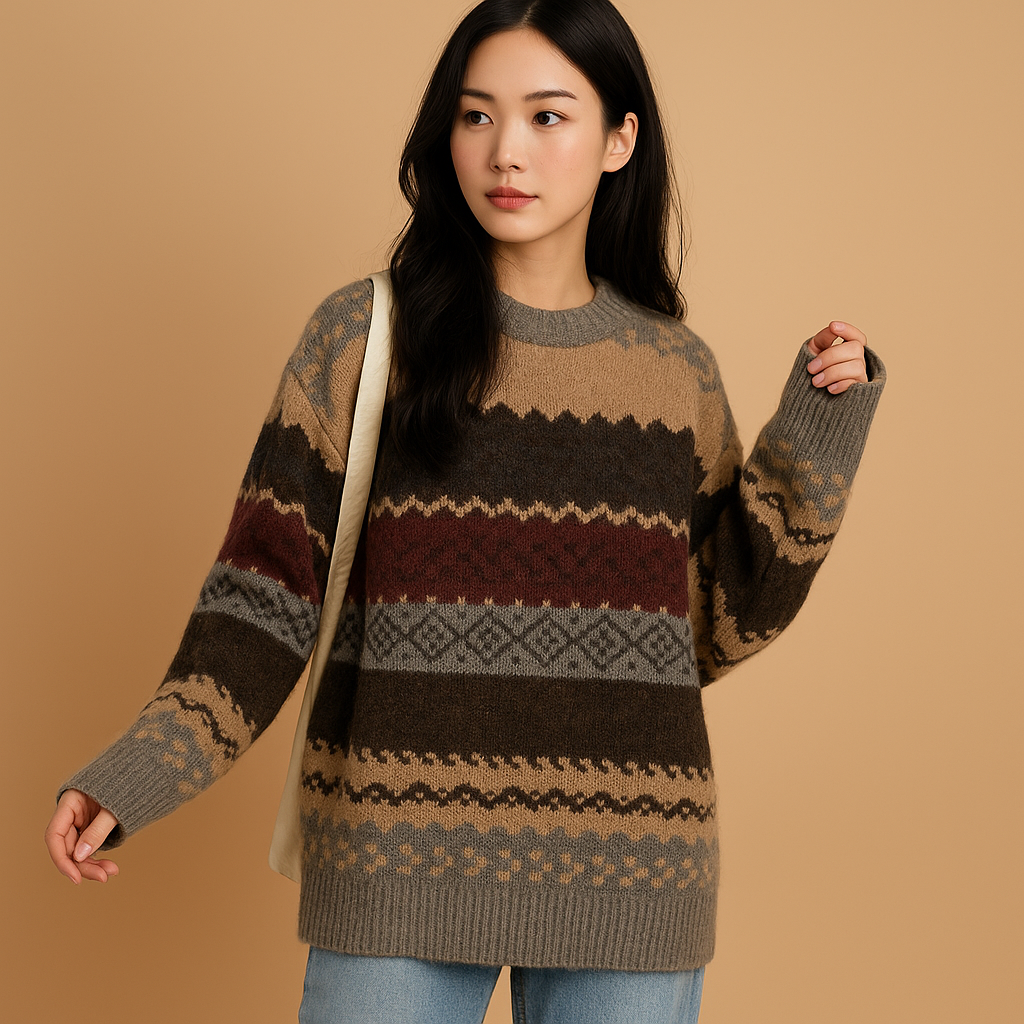 Women’s oversized knit sweater in gray and khaki with soft knit fabric and loose silhouette, ideal for casual and cozy wear.