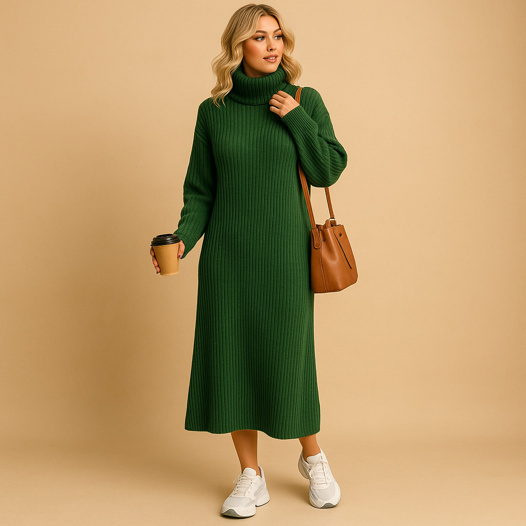 Women’s oversized knitted sweater dress with long sleeves and a relaxed fit, perfect for cozy autumn and winter outfits.