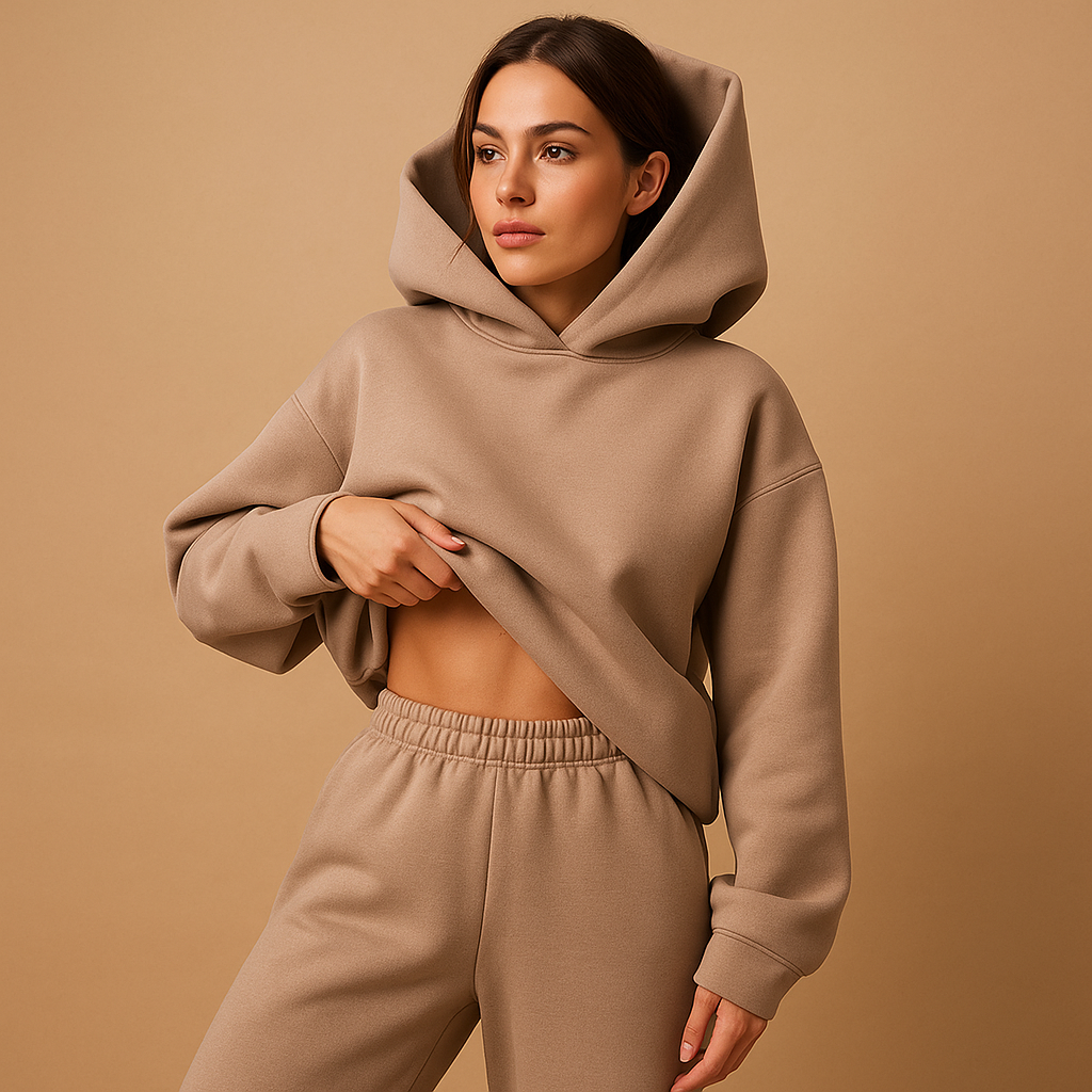 Women’s oversized loungewear set with hoodie and joggers, perfect for home, leisure, errands, or casual relaxation.