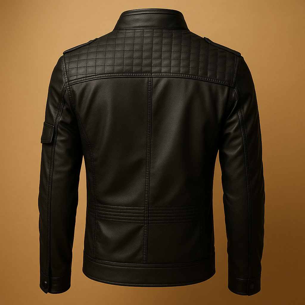 Men’s padded leather jacket in premium durable leather with stand-up collar, zipper closure, and timeless design for casual or formal wear.