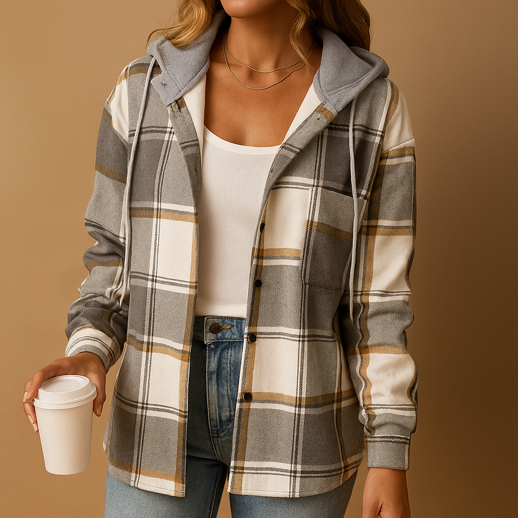 Plaid hooded jacket for women with relaxed fit, breathable fabric, and timeless checkered design. Ideal for casual wear and layering in all seasons.