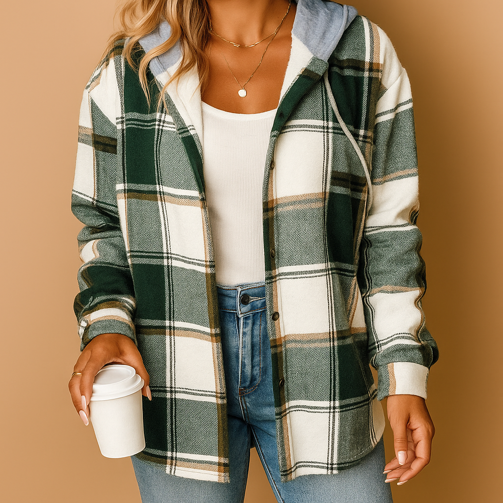 Plaid hooded jacket for women with relaxed fit, breathable fabric, and timeless checkered design. Ideal for casual wear and layering in all seasons.
