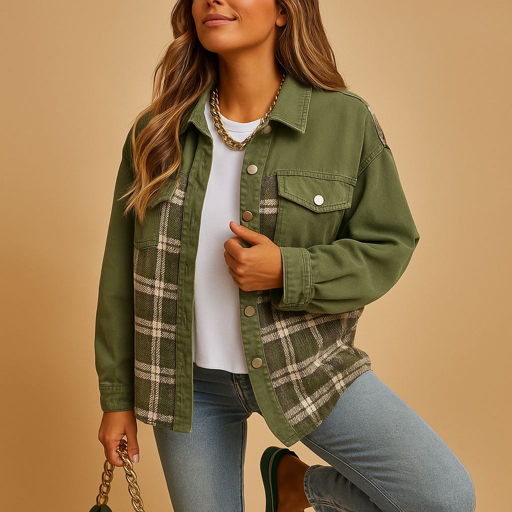 Plaid jacket for women with relaxed fit, soft fabric, and denim-style finish in red, black, and beige for casual or semi-formal wear.