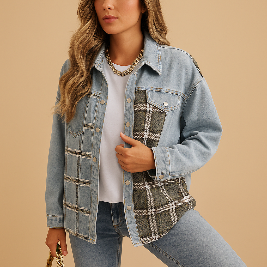 Plaid jacket for women with relaxed fit, soft fabric, and denim-style finish in red, black, and beige for casual or semi-formal wear.