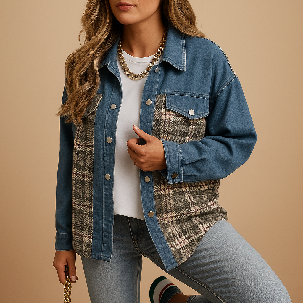 Plaid jacket for women with relaxed fit, soft fabric, and denim-style finish in red, black, and beige for casual or semi-formal wear.