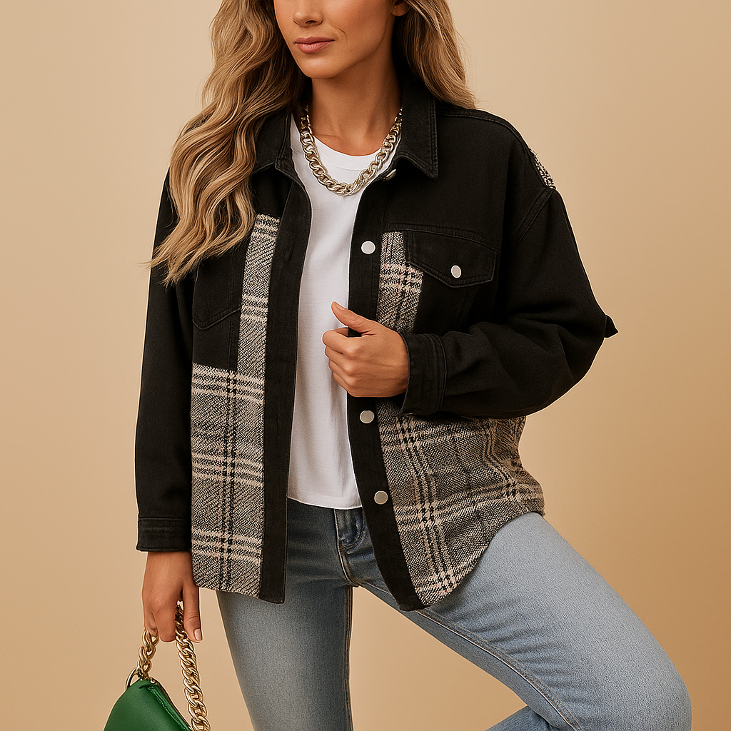 Plaid jacket for women with relaxed fit, soft fabric, and denim-style finish in red, black, and beige for casual or semi-formal wear.