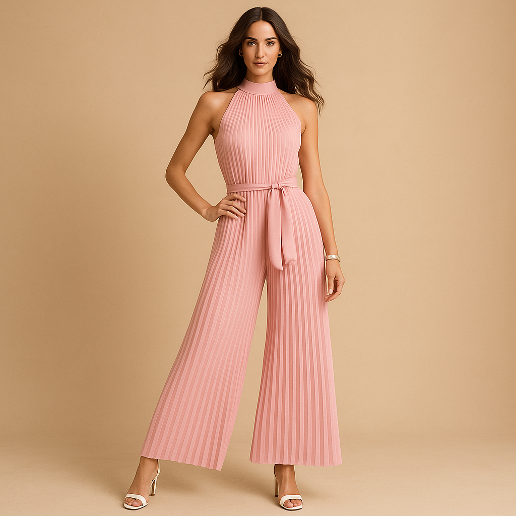 Women’s pleated jumpsuit with high neckline, wide legs, and matching belt in light blue, pink, white, and black, perfect for elegant events.