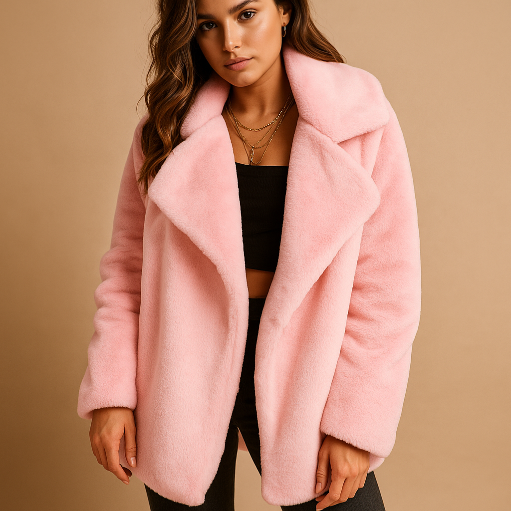 Plush winter coat for women with lapel collar, medium length, and side pockets. Soft, warm, and elegant for casual, office, or formal winter wear.