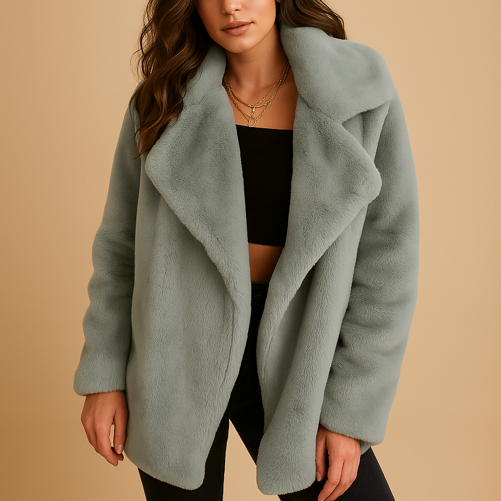 Plush winter coat for women with lapel collar, medium length, and side pockets. Soft, warm, and elegant for casual, office, or formal winter wear.