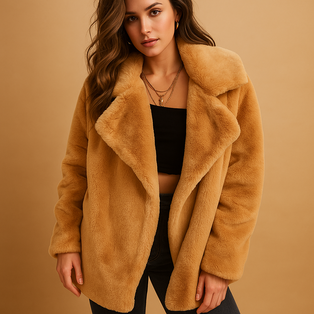 Plush winter coat for women with lapel collar, medium length, and side pockets. Soft, warm, and elegant for casual, office, or formal winter wear.