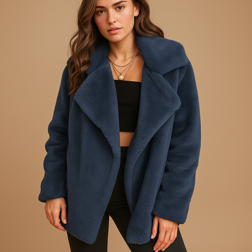 Plush winter coat for women with lapel collar, medium length, and side pockets. Soft, warm, and elegant for casual, office, or formal winter wear.