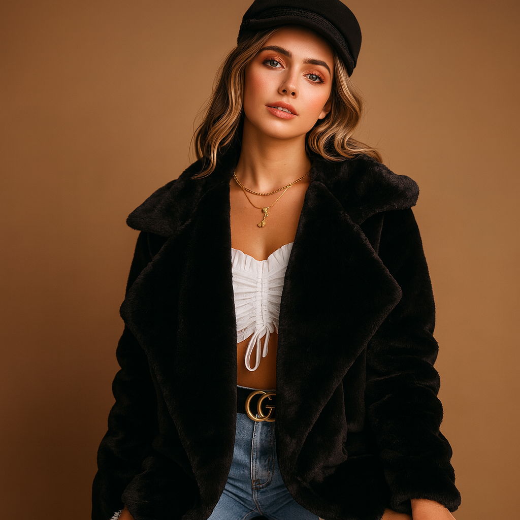 Plush winter coat for women with lapel collar, medium length, and side pockets. Soft, warm, and elegant for casual, office, or formal winter wear.