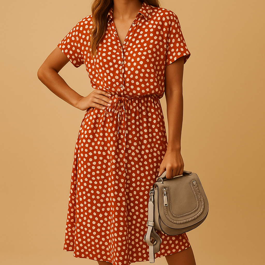 Women’s polka dot midi dress made from soft cotton blend with a flattering fit, perfect for everyday wear and special occasions.