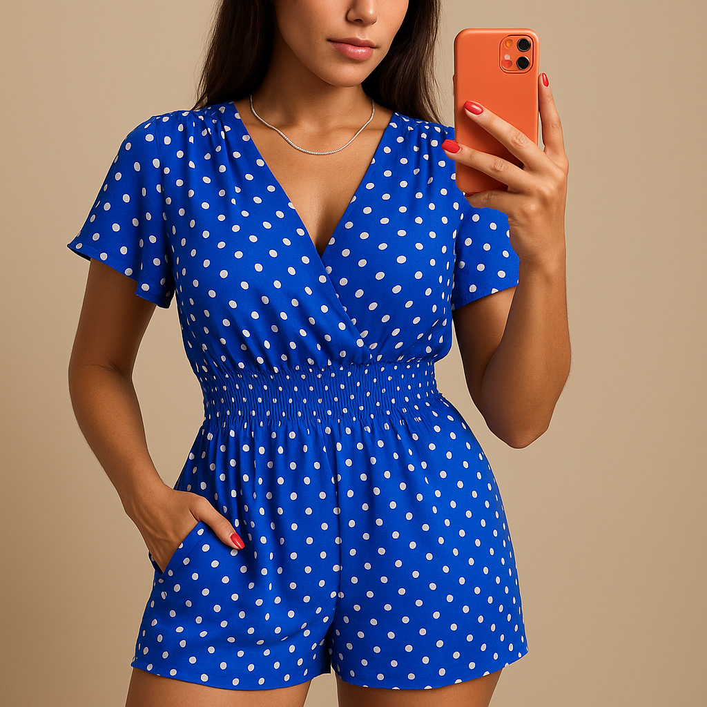 Elegant polkadot summer jumpsuit for women with practical pockets and flattering fit, perfect for casual wear and warm sunny days.
