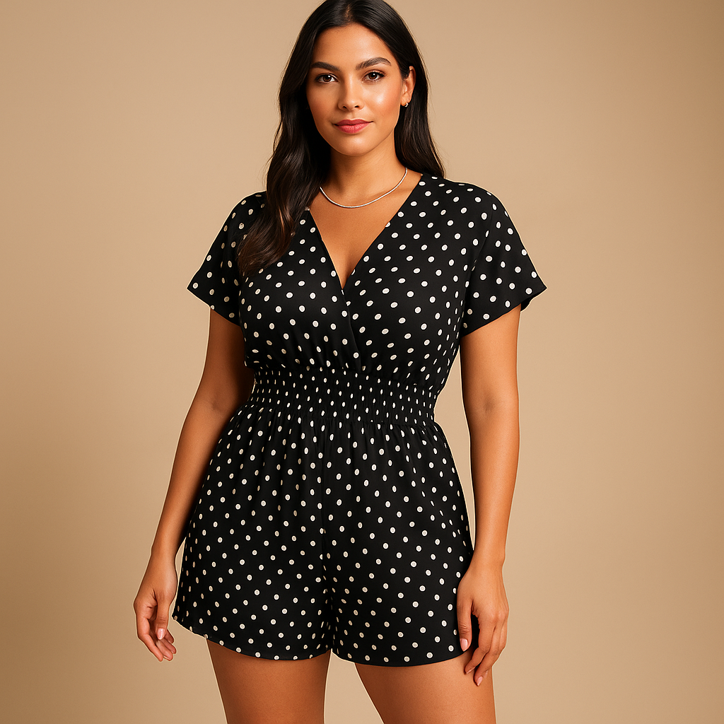 Elegant polkadot summer jumpsuit for women with practical pockets and flattering fit, perfect for casual wear and warm sunny days.