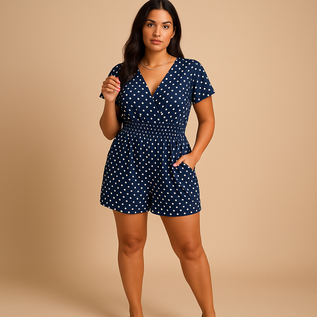 Elegant polkadot summer jumpsuit for women with practical pockets and flattering fit, perfect for casual wear and warm sunny days.