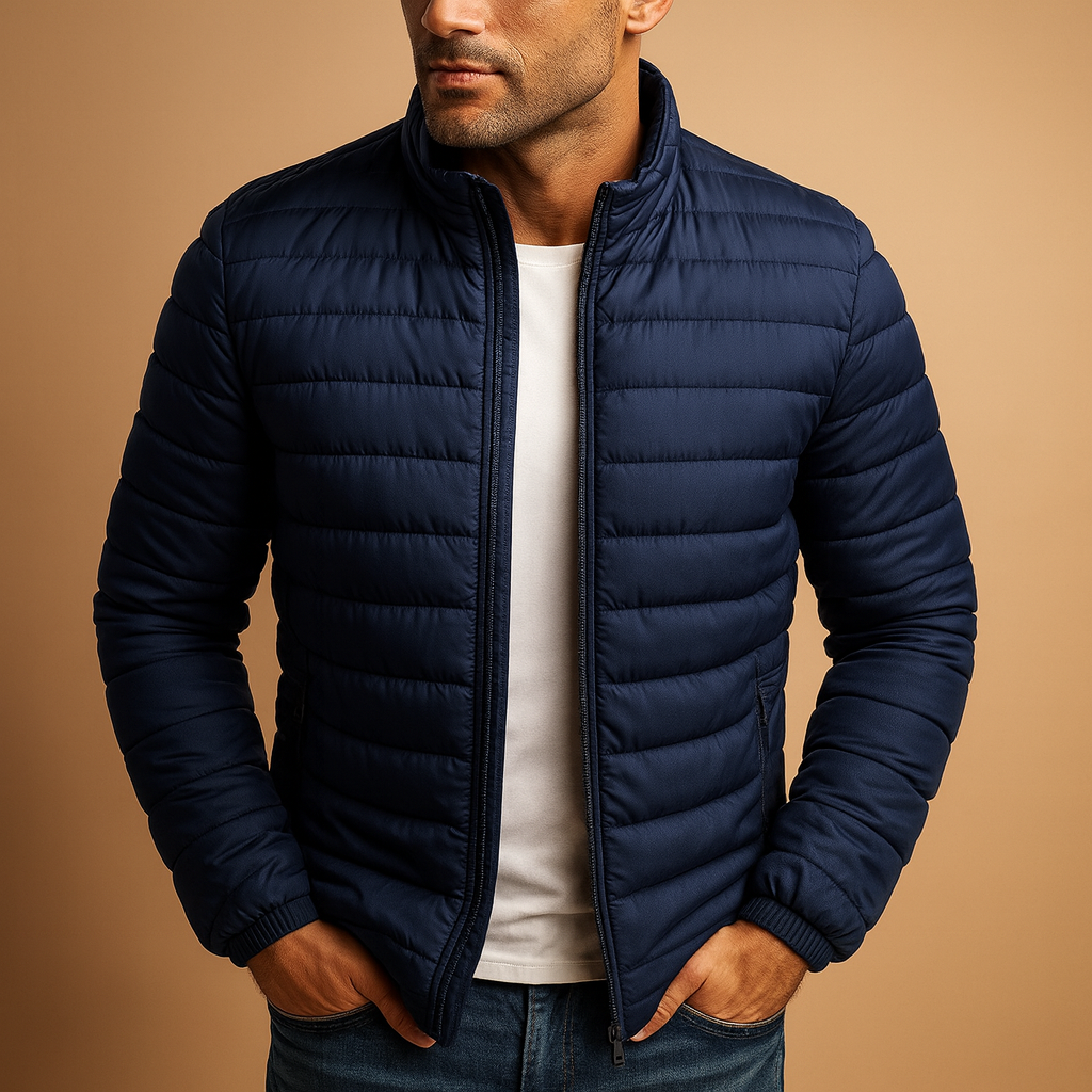 Men’s puffer jacket with hood, classic insulated design for warmth and wind protection. Perfect for cold winter days and outdoor activities.