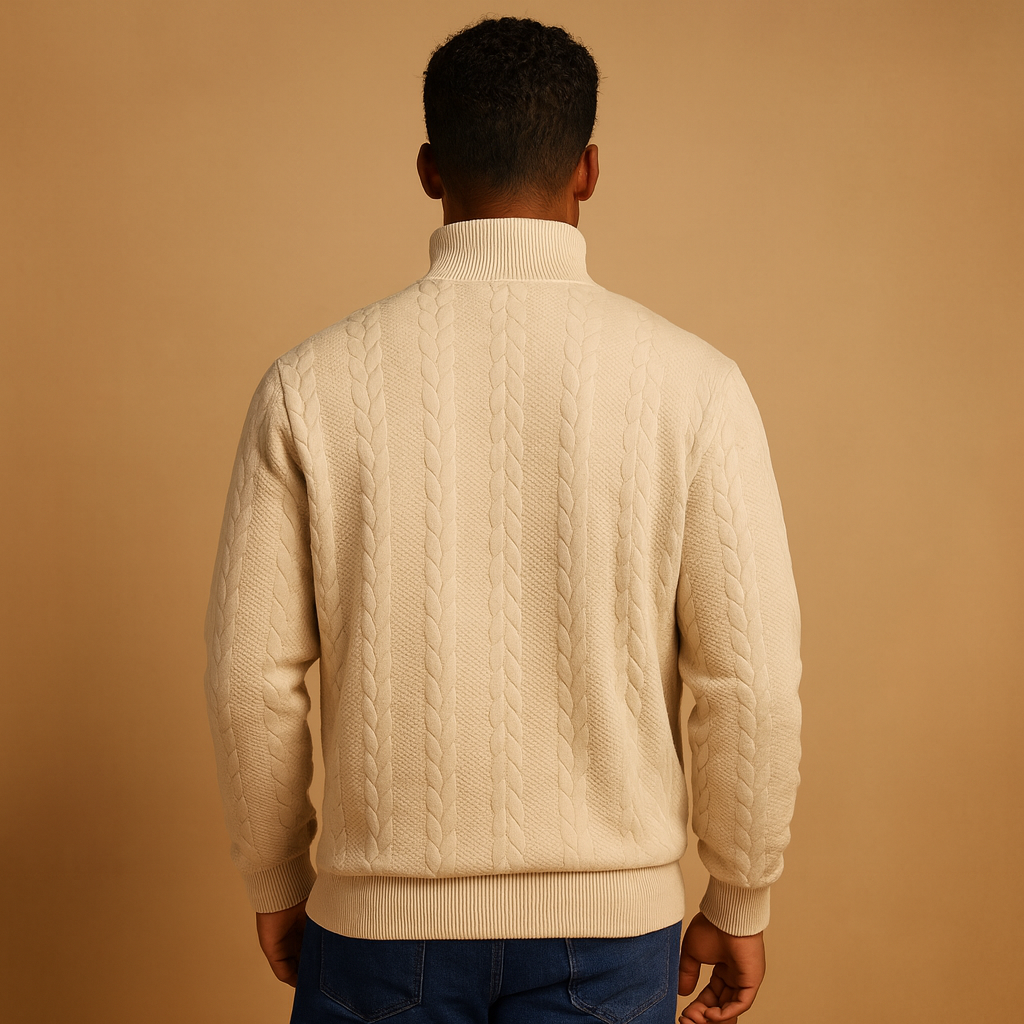 Quarter-zip pullover for men with a subtle woven pattern and relaxed fit, ideal for casual and semi-formal wear in autumn and winter.