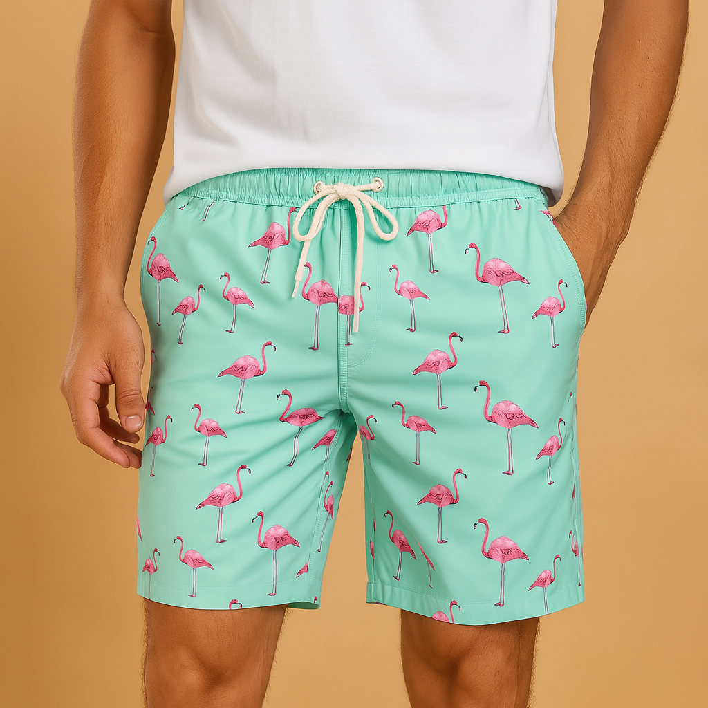Men’s quick-dry swim shorts in navy blue, olive green, black, or red. Lightweight design, perfect for swimming, beach days, and vacations.
