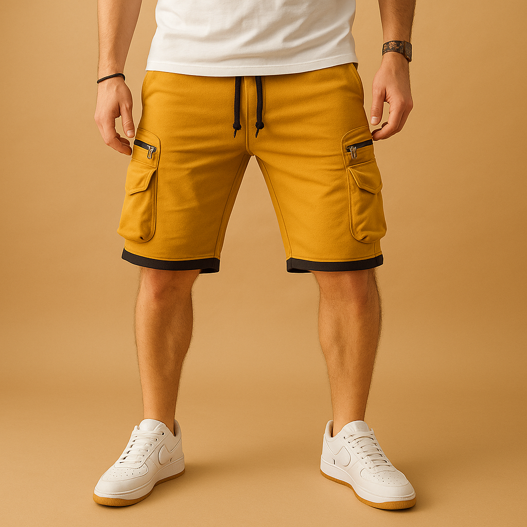 Men’s relaxed fit cargo shorts with adjustable drawstring waist and multiple functional pockets, perfect for casual summer and outdoor wear.