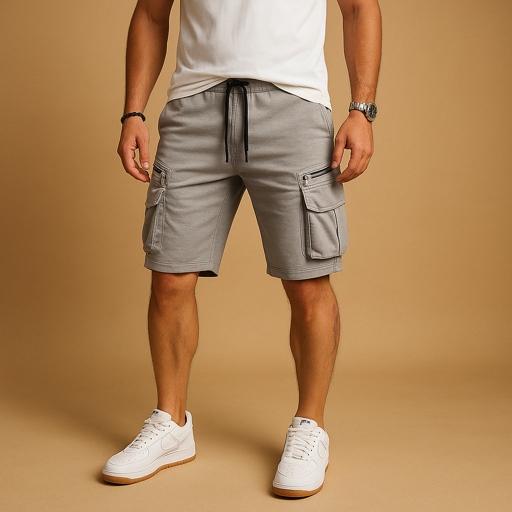 Men’s relaxed fit cargo shorts with adjustable drawstring waist and multiple functional pockets, perfect for casual summer and outdoor wear.