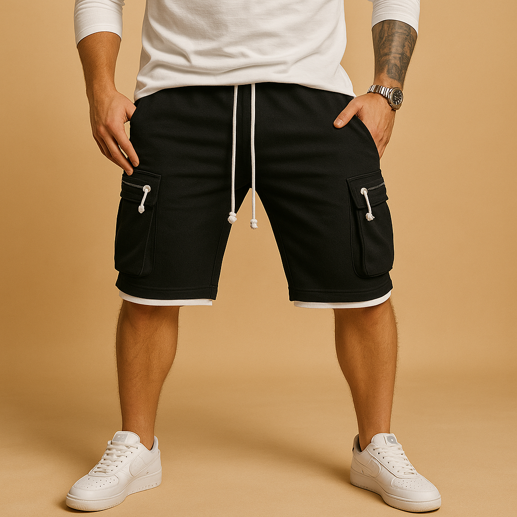 Men’s relaxed fit cargo shorts with adjustable drawstring waist and multiple functional pockets, perfect for casual summer and outdoor wear.