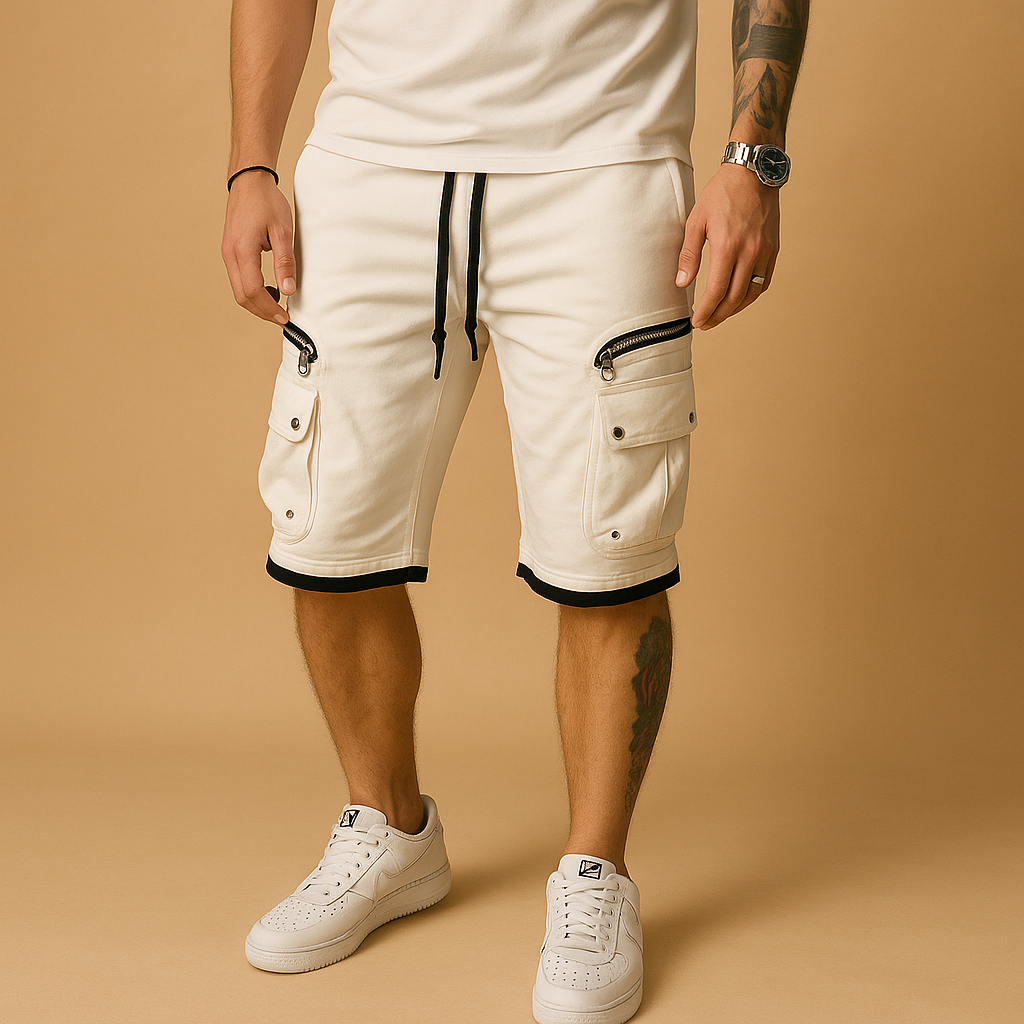 Men’s relaxed fit cargo shorts with adjustable drawstring waist and multiple functional pockets, perfect for casual summer and outdoor wear.