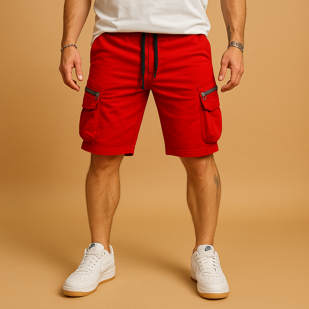 Men’s relaxed fit cargo shorts with adjustable drawstring waist and multiple functional pockets, perfect for casual summer and outdoor wear.