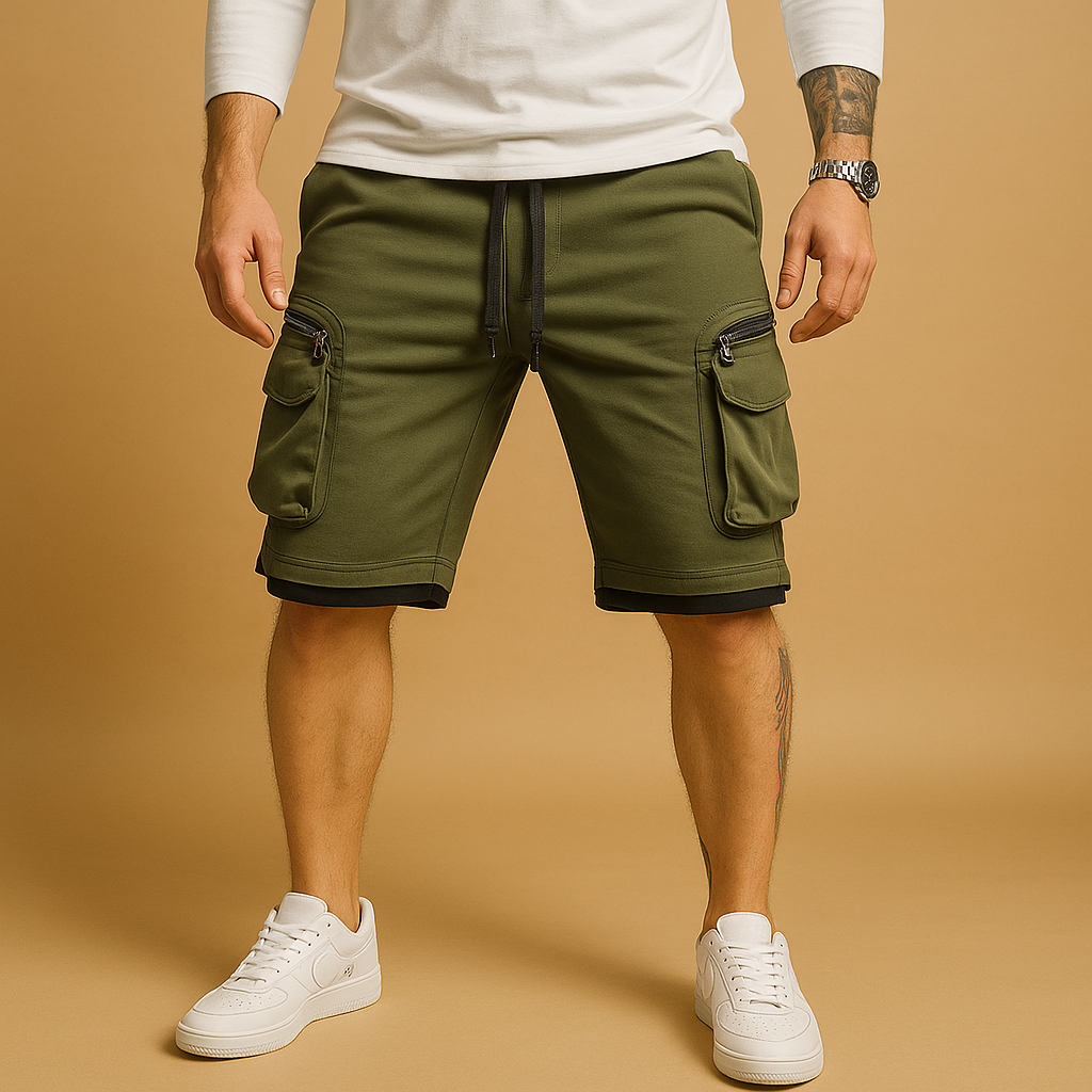 Men’s relaxed fit cargo shorts with adjustable drawstring waist and multiple functional pockets, perfect for casual summer and outdoor wear.