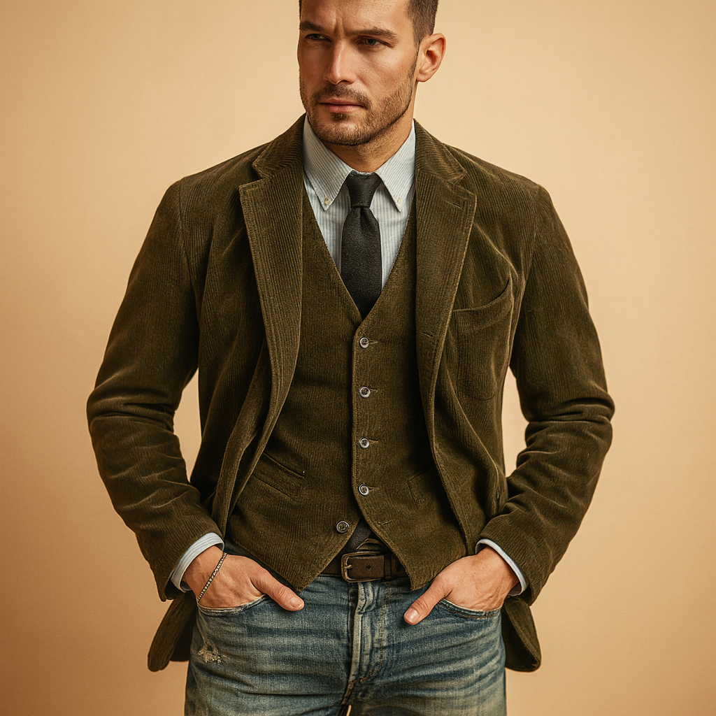 Retro corduroy jacket for men with soft fabric and classic design, perfect for autumn and winter casual or formal wear.