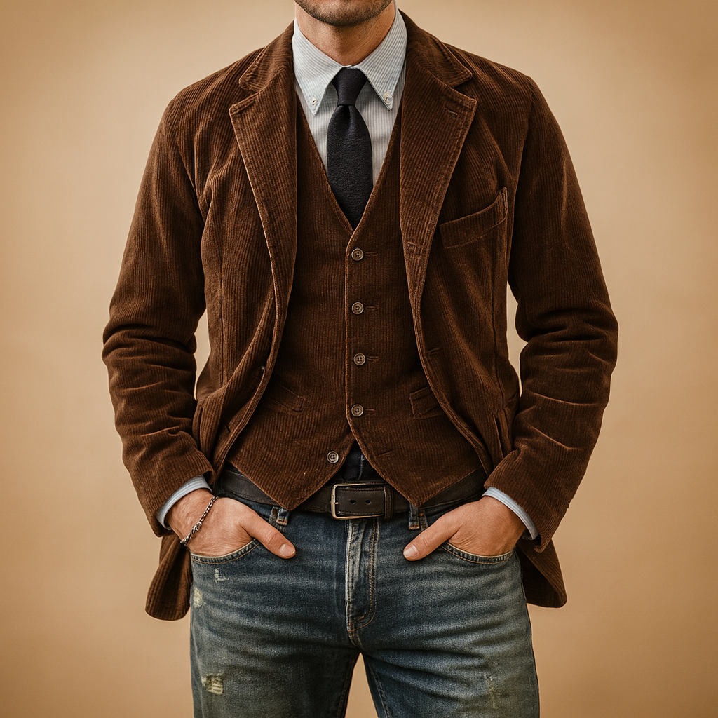 Retro corduroy jacket for men with soft fabric and classic design, perfect for autumn and winter casual or formal wear.