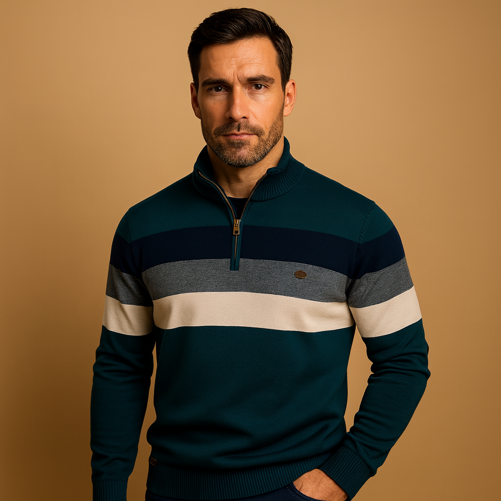 Retro striped zip pullover for men with soft fabric, collar, and vintage design, ideal for casual or smart-casual wear in autumn and winter.