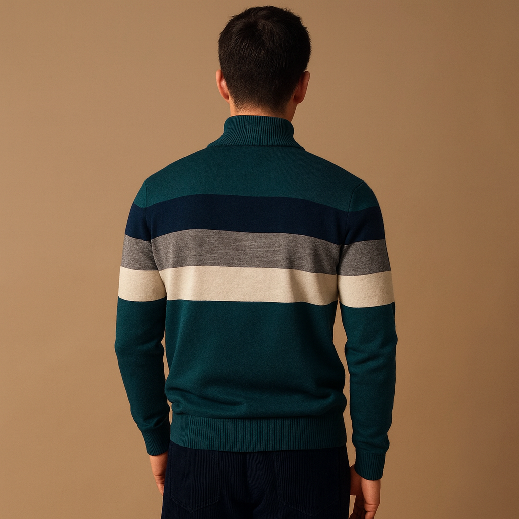 Retro striped zip pullover for men with soft fabric, collar, and vintage design, ideal for casual or smart-casual wear in autumn and winter.