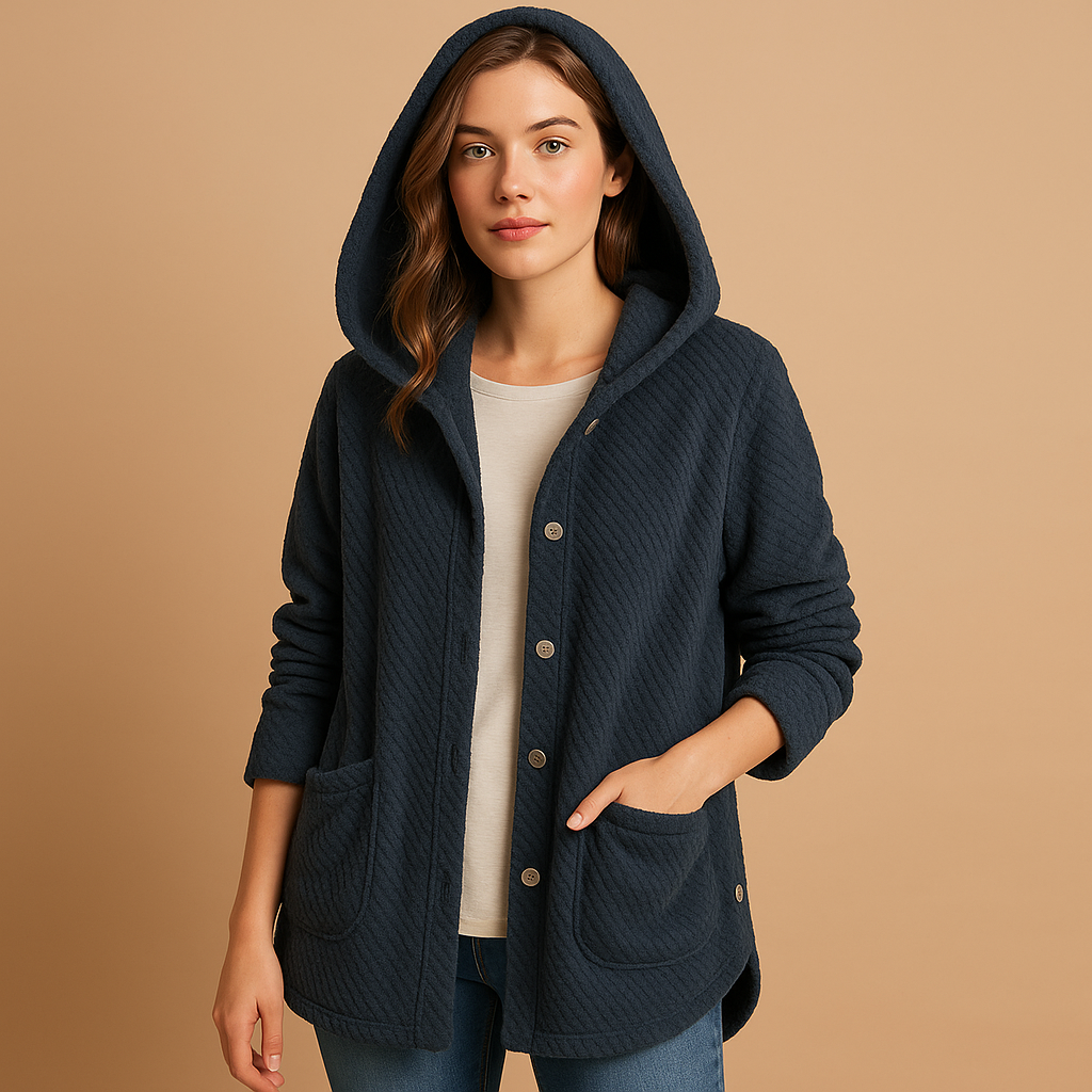 Women’s reversible fleece jacket with hood and ribbed sleeves in soft tones, tailored fit for autumn and winter casual comfort and style.