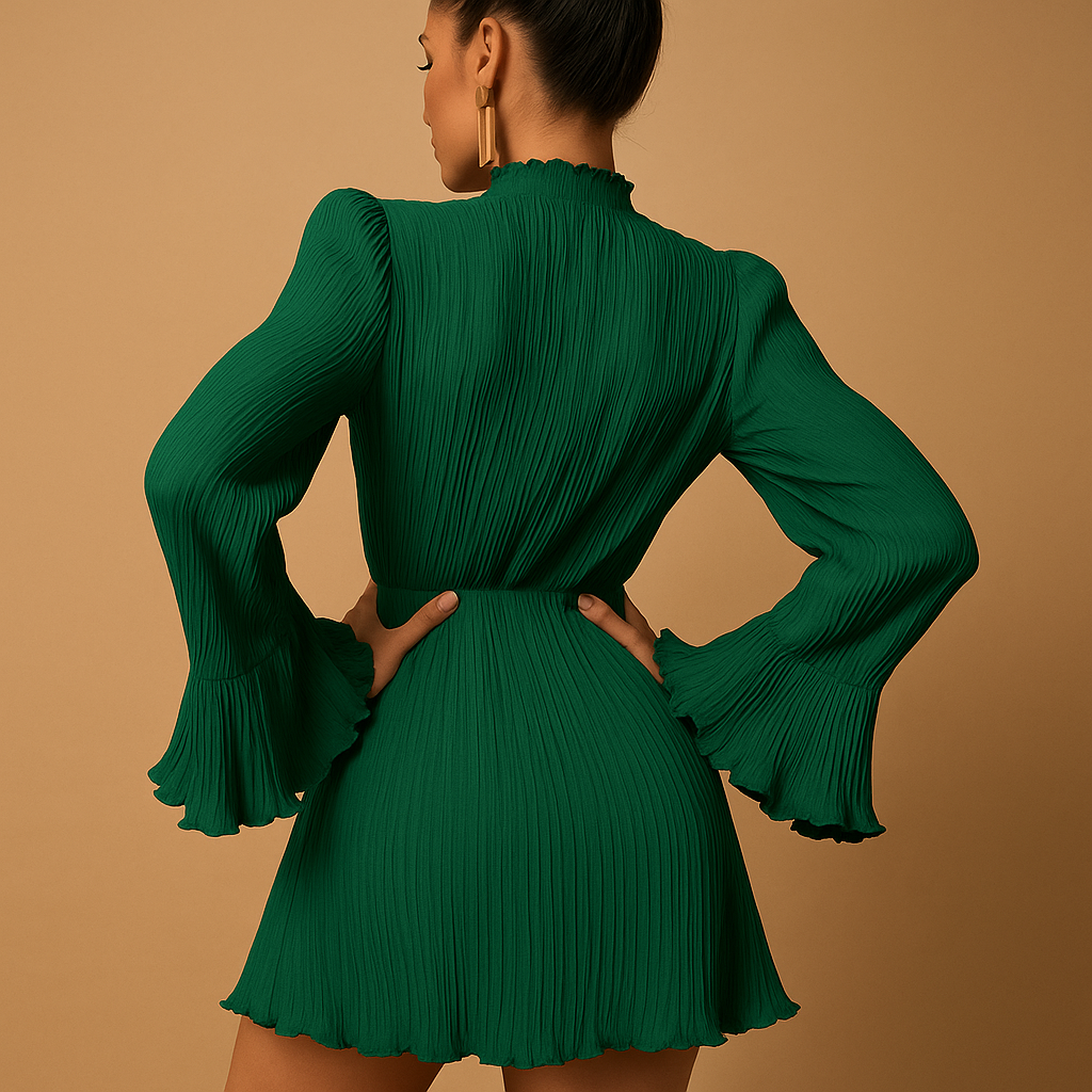 Women’s ribbed bodycon mini dress with long sleeves and a flared silhouette, perfect for evenings, dinners, and stylish nights out.