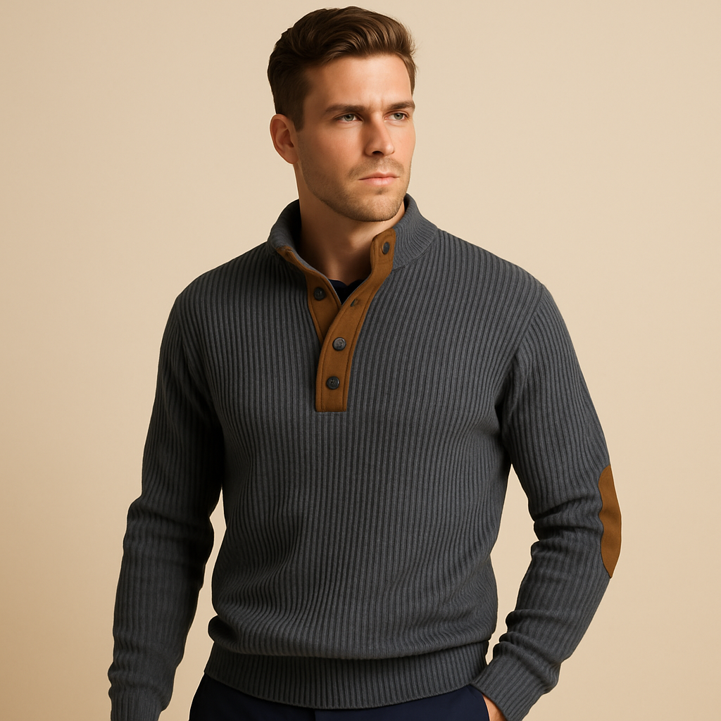Men’s ribbed sweatshirt with stand-up button collar and soft cotton fabric, perfect for casual wear in autumn and winter.