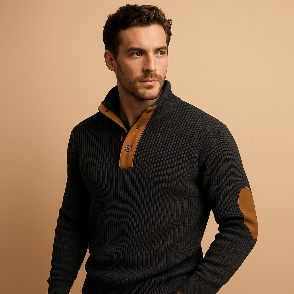 Men’s ribbed sweatshirt with stand-up button collar and soft cotton fabric, perfect for casual wear in autumn and winter.