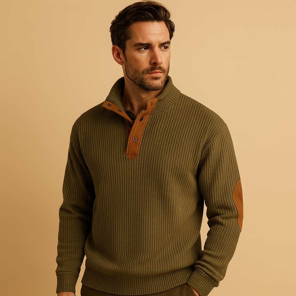 Men’s ribbed sweatshirt with stand-up button collar and soft cotton fabric, perfect for casual wear in autumn and winter.
