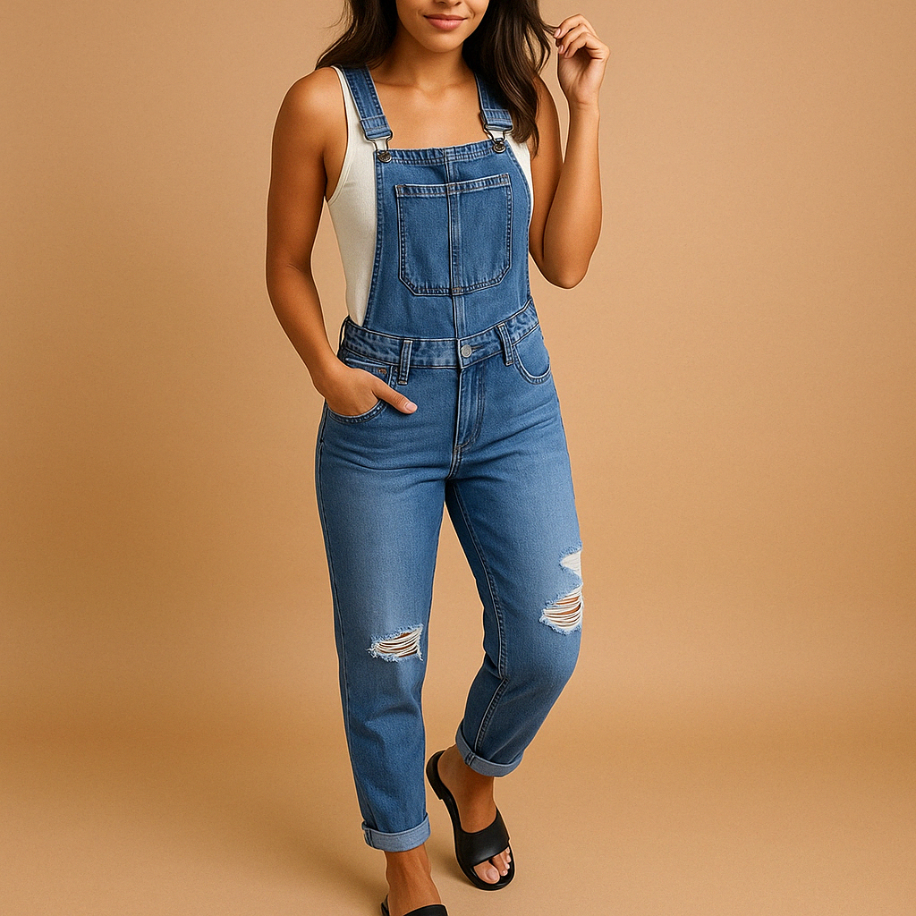 Trendy ripped denim overall for women with adjustable straps and relaxed fit, perfect for casual days and urban streetwear outfits.