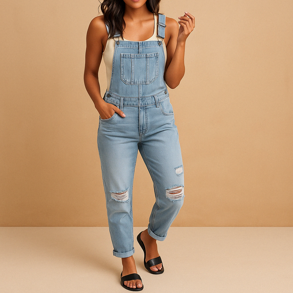 Trendy ripped denim overall for women with adjustable straps and relaxed fit, perfect for casual days and urban streetwear outfits.