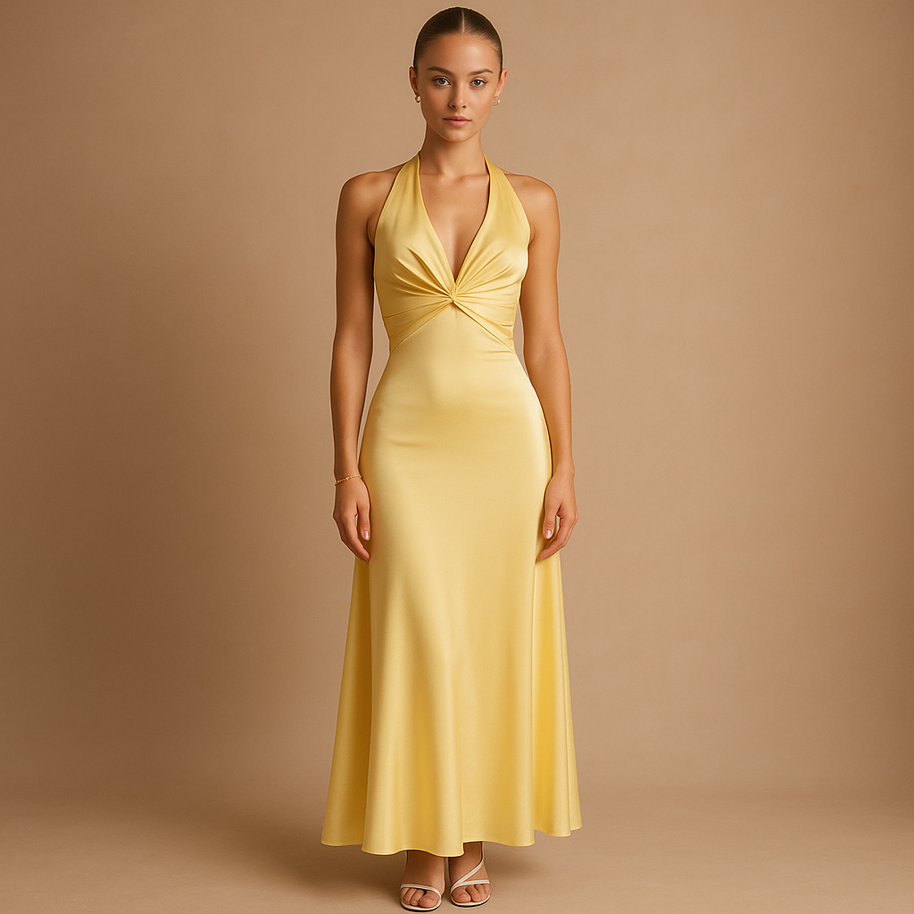 Women’s satin halter evening dress with twisted neckline and maxi fit, perfect for weddings, formal occasions, and elegant celebrations.