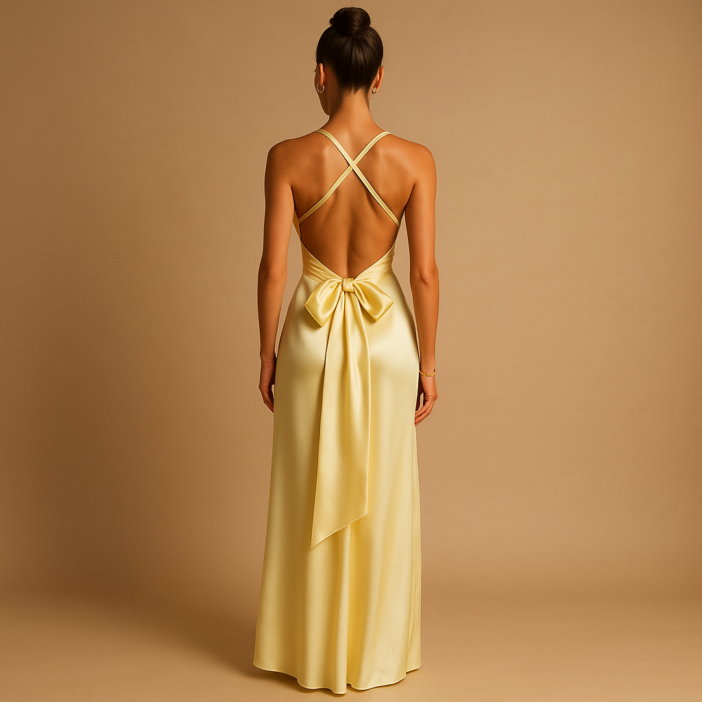 Women’s satin halter evening dress with twisted neckline and maxi fit, perfect for weddings, formal occasions, and elegant celebrations.