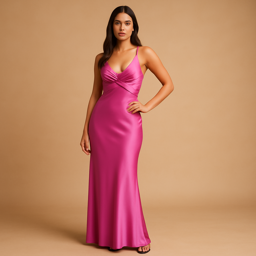 Women’s satin halter evening dress with twisted neckline and maxi fit, perfect for weddings, formal occasions, and elegant celebrations.