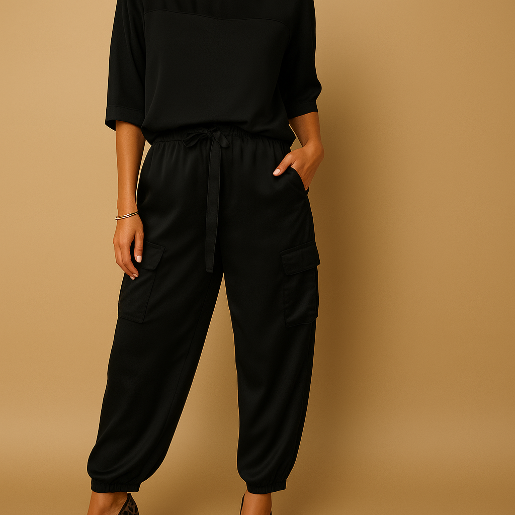 Women’s satin two-piece set with half-sleeve top and straight-leg pants, perfect for formal occasions, evenings, or stylish loungewear.