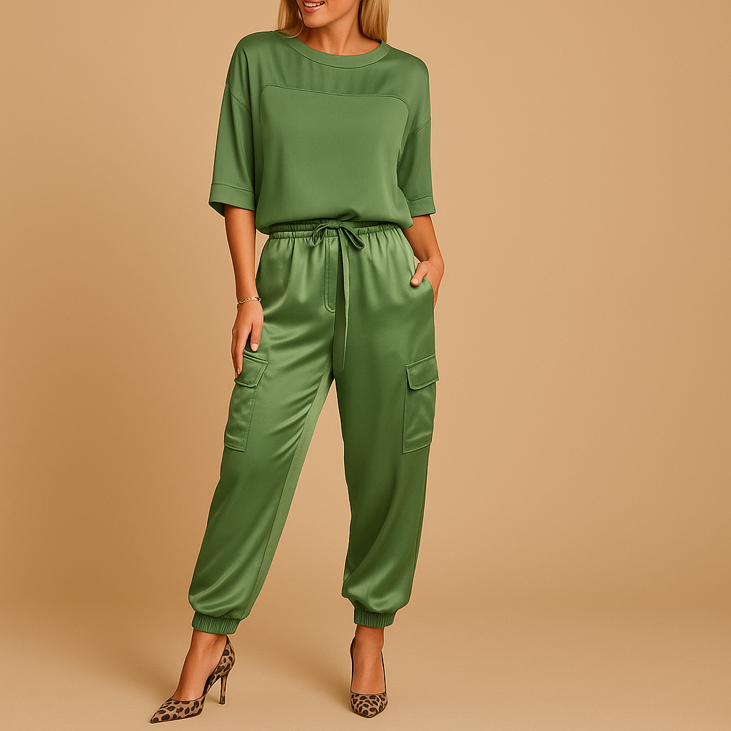 Women’s satin two-piece set with half-sleeve top and straight-leg pants, perfect for formal occasions, evenings, or stylish loungewear.