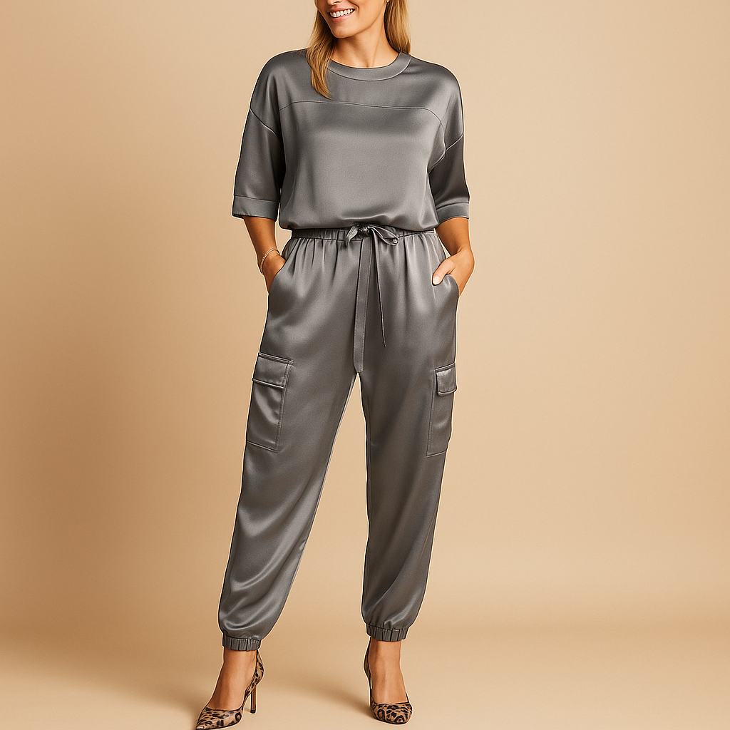 Women’s satin two-piece set with half-sleeve top and straight-leg pants, perfect for formal occasions, evenings, or stylish loungewear.