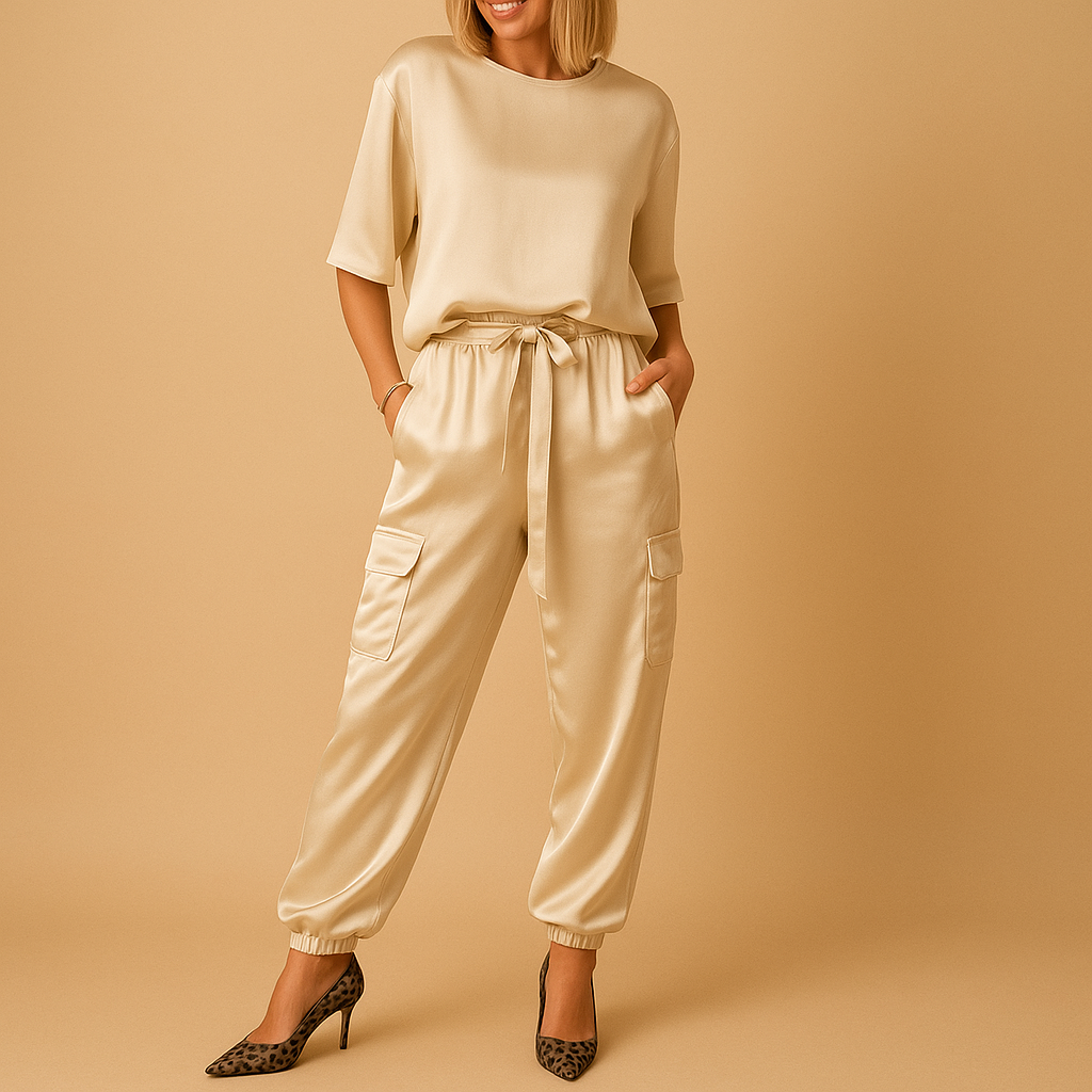 Women’s satin two-piece set with half-sleeve top and straight-leg pants, perfect for formal occasions, evenings, or stylish loungewear.